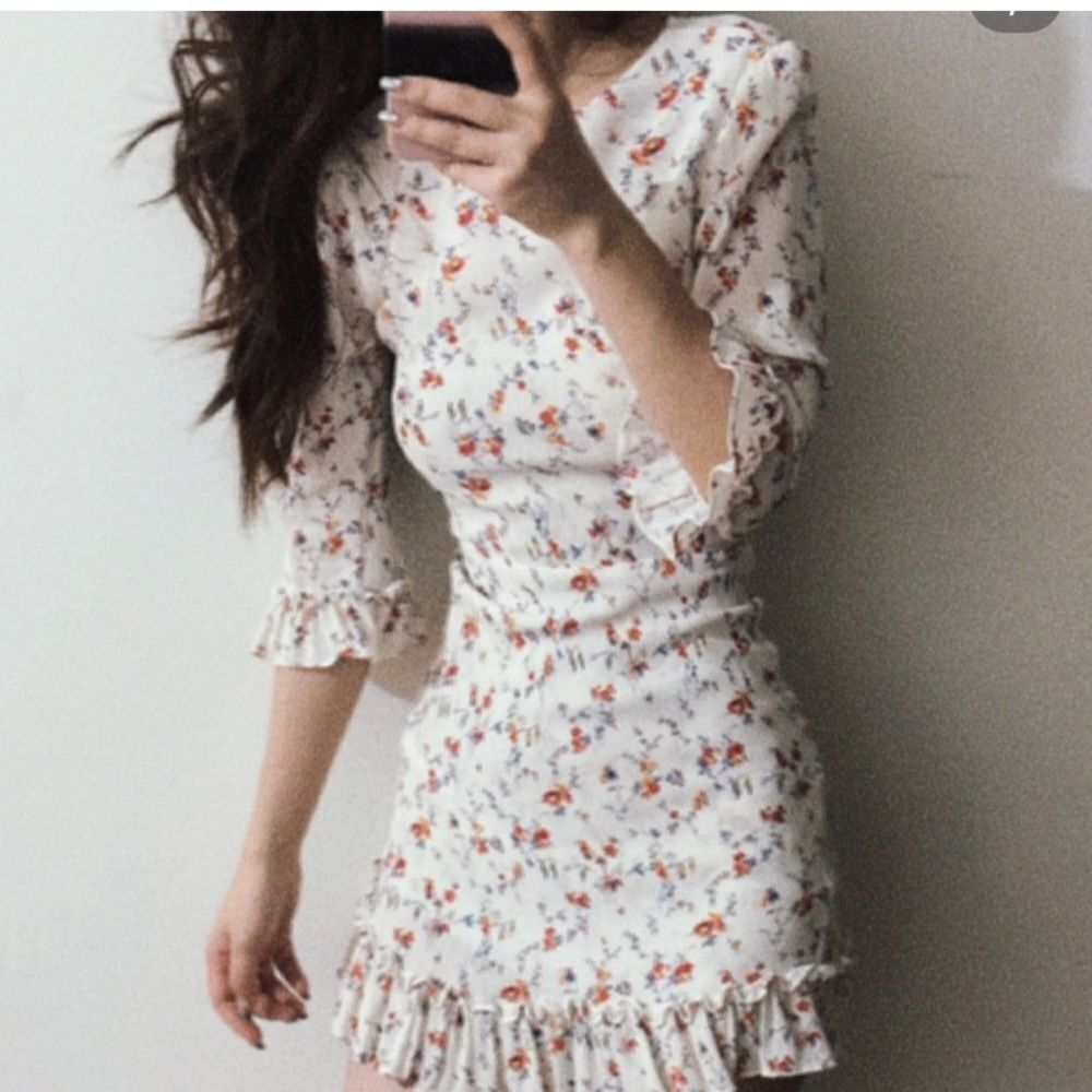 Reformation White Floral Mini Dress with Orange & Blue Print